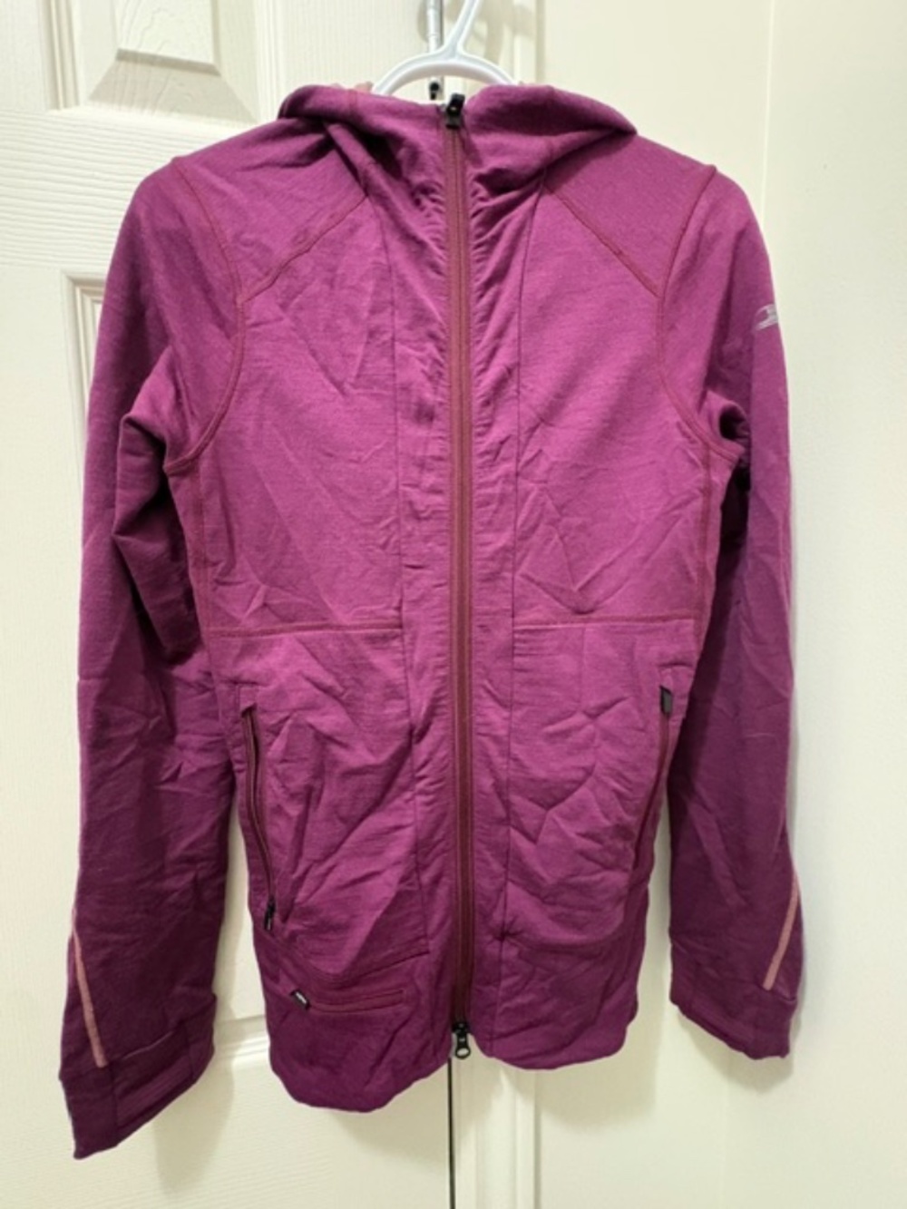 ICEBREAKER Women's sz S hooded long jacket wool dark burgundy/raspberry red